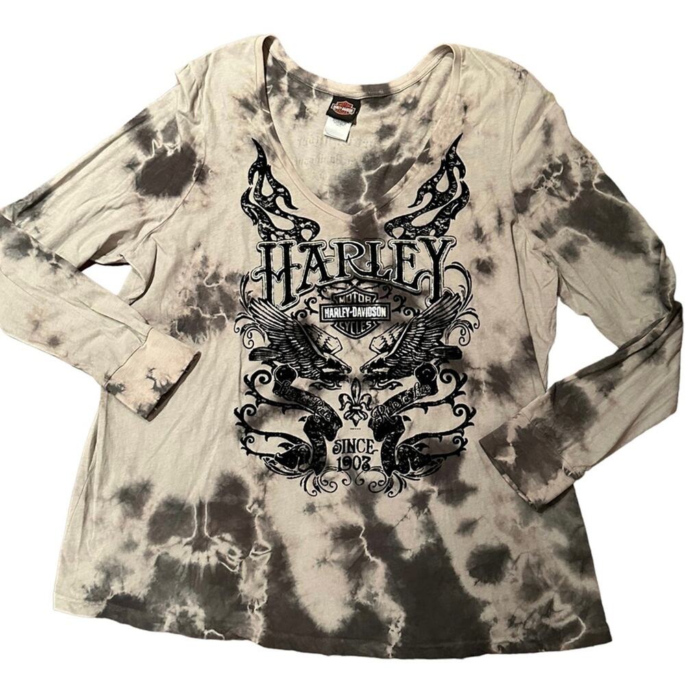Harley-Davidson Womens 2XL Gray and Black Tie Dye Velvet Logo Shirt V Neck